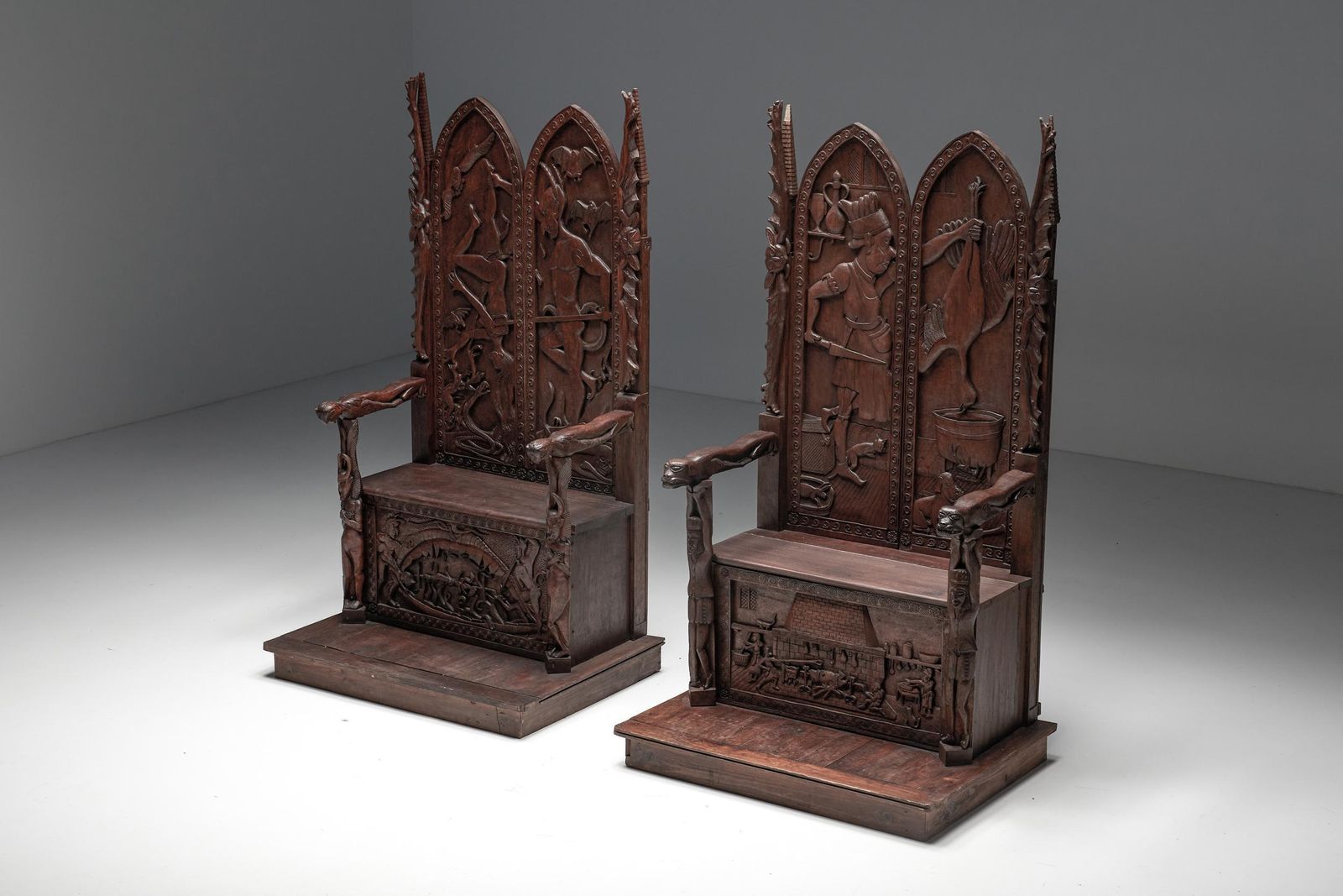 Carved Throne Chairs With Relief Design In Wood, 20th Century photo furniture