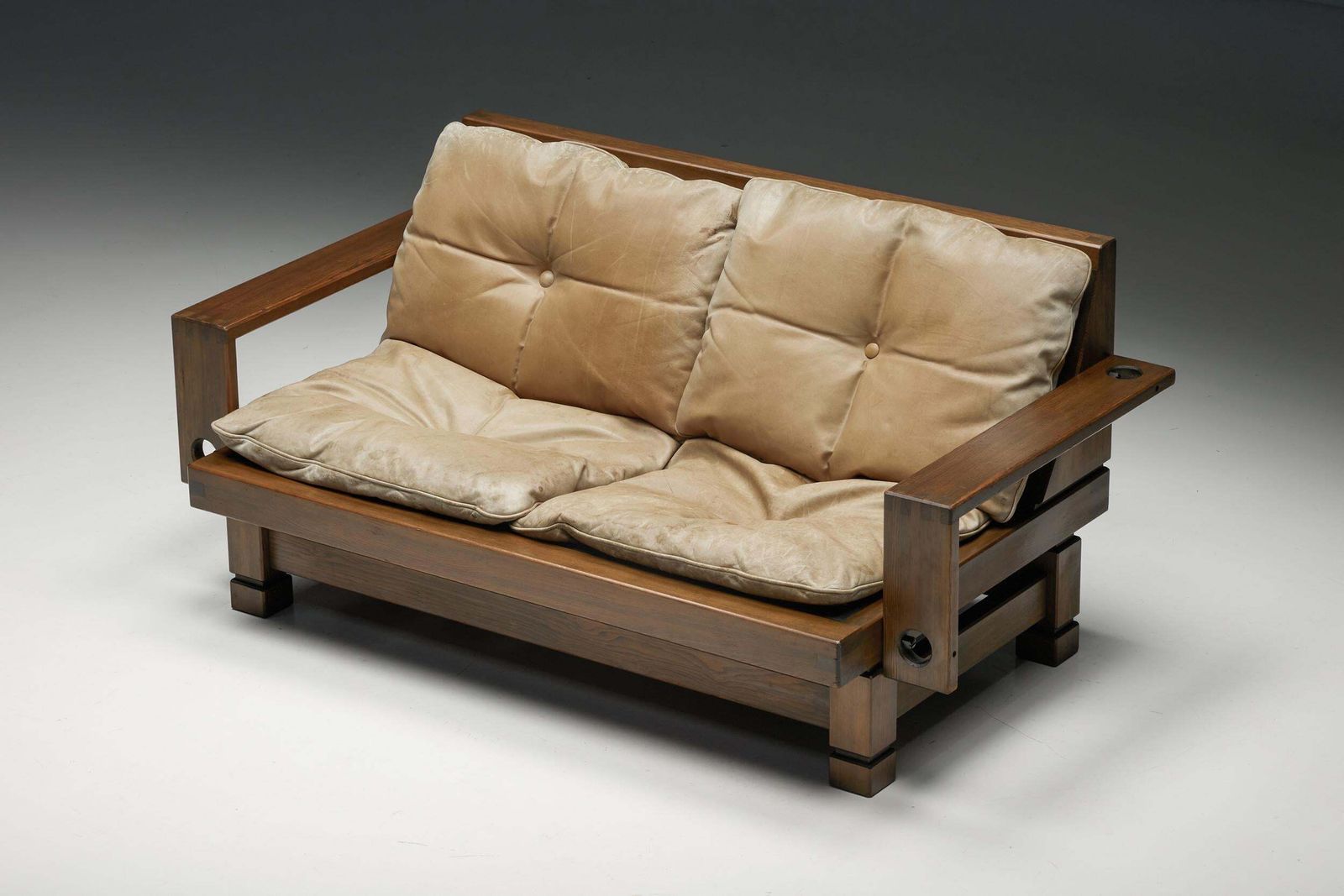 French Wooden Two Seater With Leather Cushions, 1960s photo Furniture
