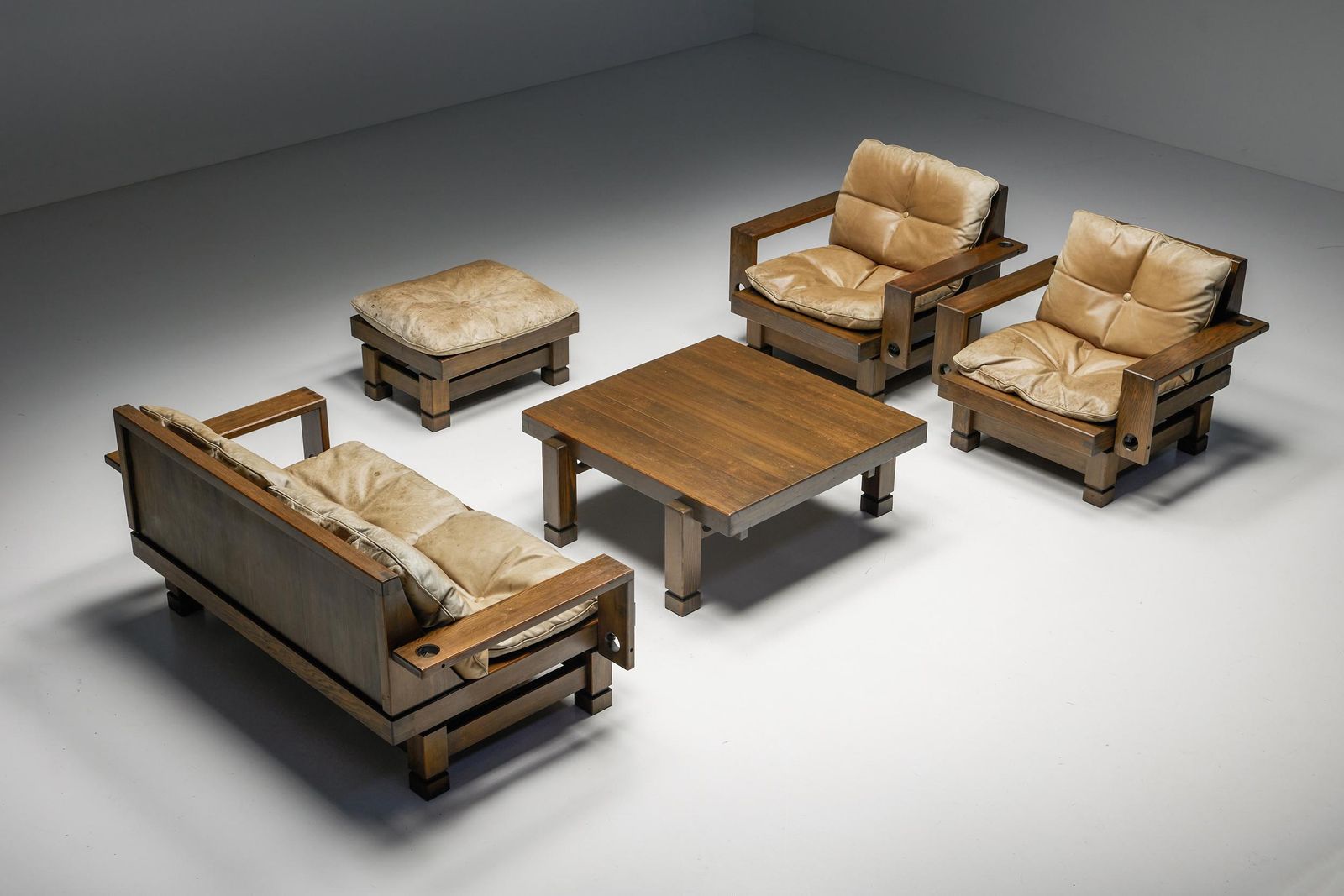 Furniture French Wooden Two Seater With Leather Cushions, 1960s photo