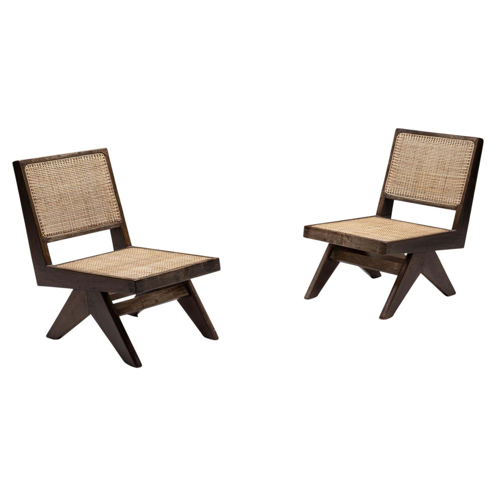 Armless Easy Chair By Pierre Jeanneret Rattan, Teak & Wood, Chandigarh, 1960s