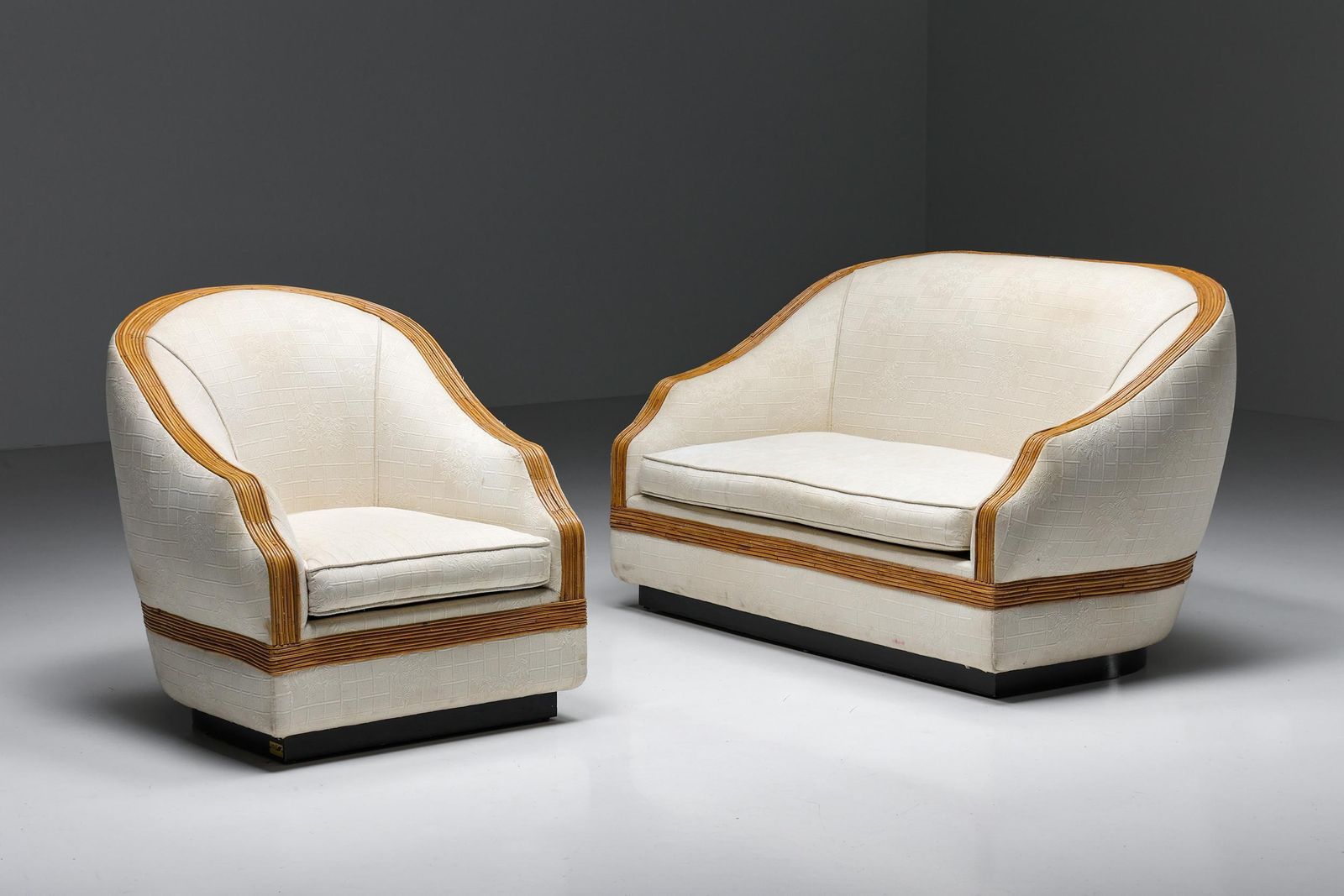 photo buy Vivai Del Sud Bergère Chair, Italian Tropicalist Style, Rattan, Silk, 1970's