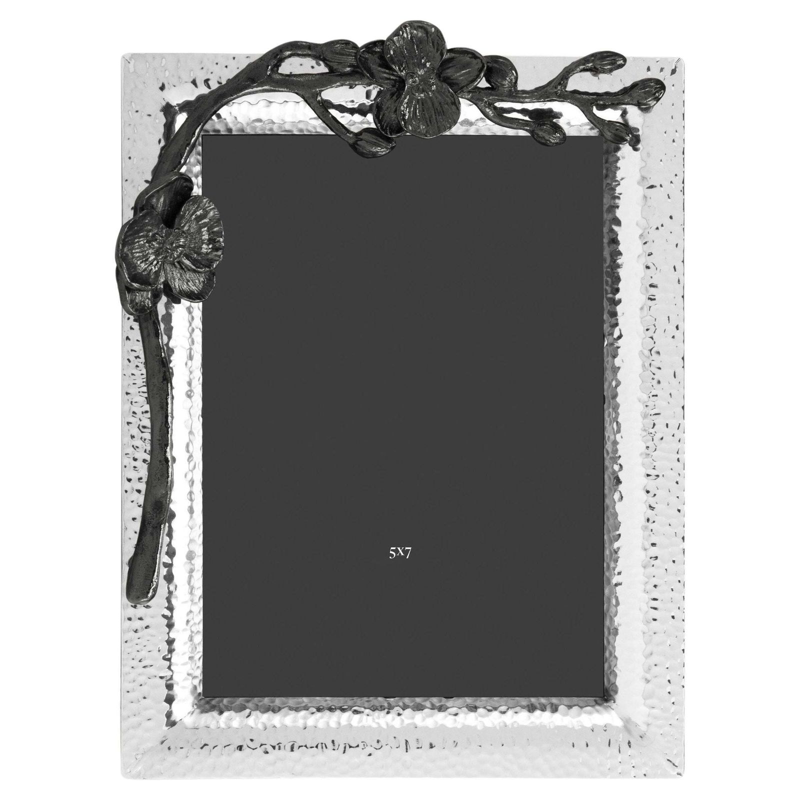 Nickel Plated Metal Medium Photo Frame With Overlapping Black Orchid Design.