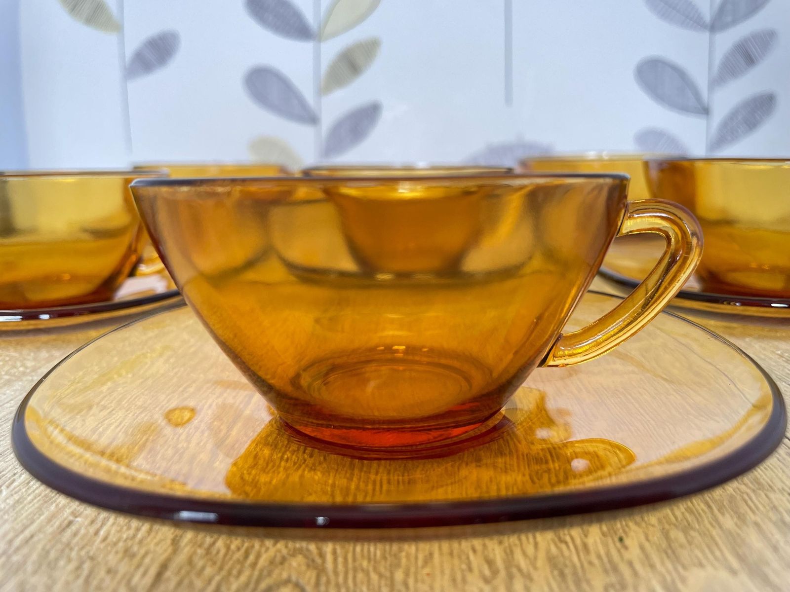 Amber Yellow French Glass Coffee Set   Vintage Vereco 12 Piece Glass Espresso Set   Small Square Demitasse Cups And Saucers photo furniture