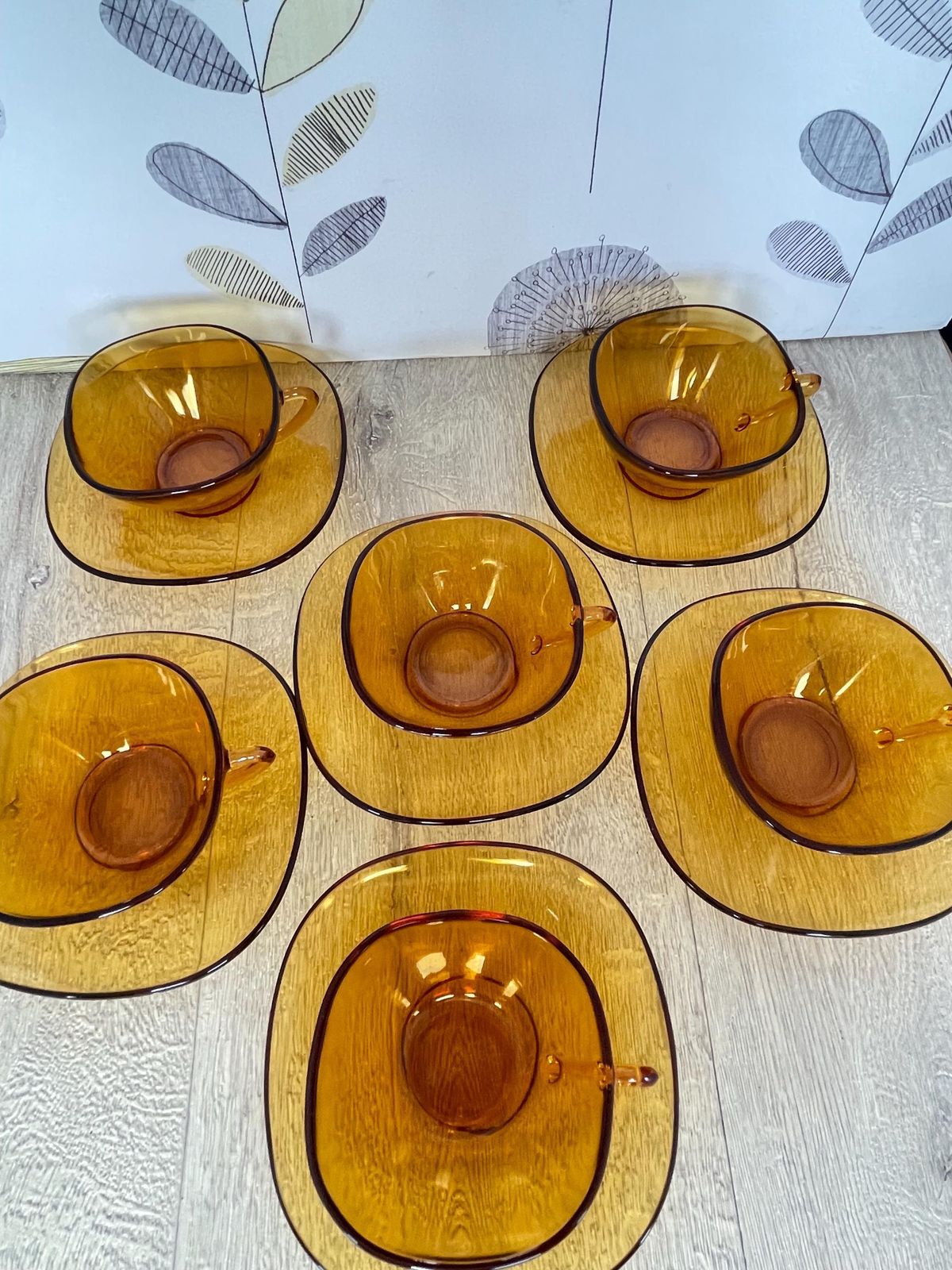 photo for sale Amber Yellow French Glass Coffee Set   Vintage Vereco 12 Piece Glass Espresso Set   Small Square Demitasse Cups And Saucers