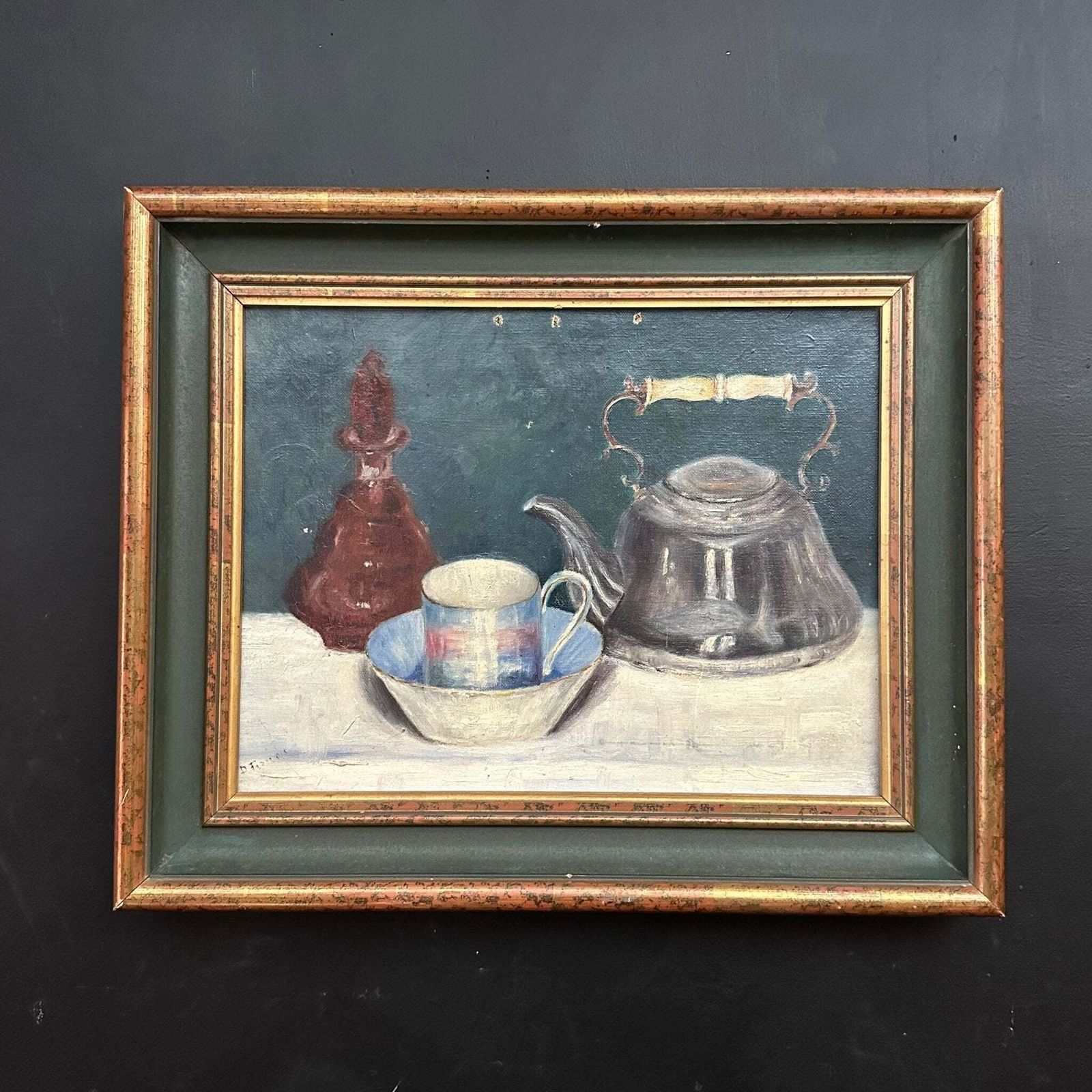 French Antique Still Life “Tasse De Thé” Oil Painting On Canvas Framed