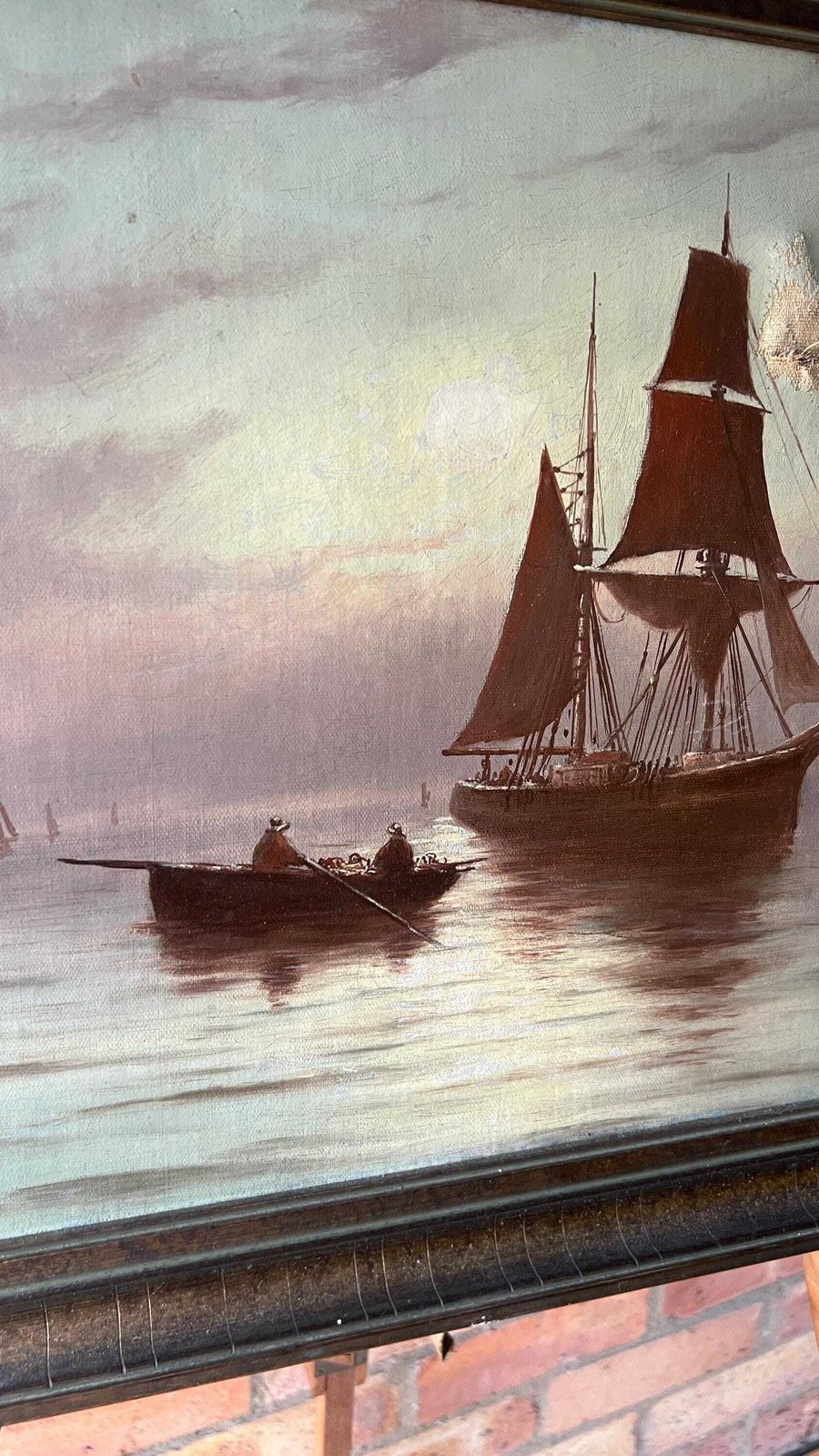 1896 Antique Nautical Oil Painting By Joseph Eaman – Sailing Ship At Sunset photo 239.0