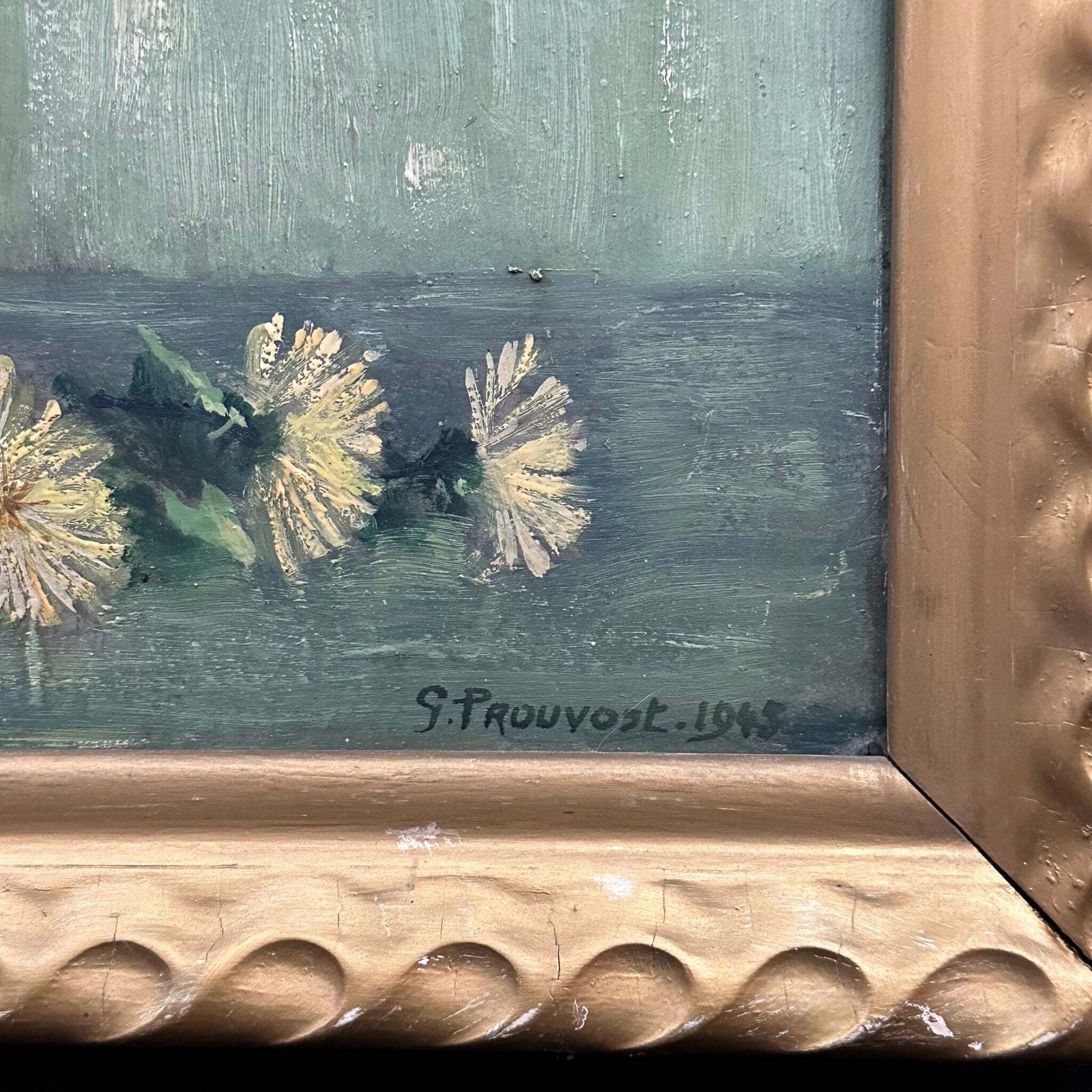 “Strawflowers In Jug” 1948 Oil On Wood Original Midcentury Frame photo Art