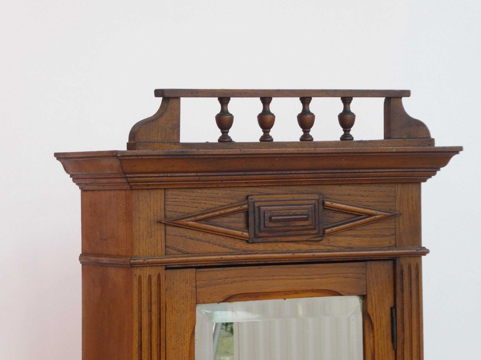 Antique Small Wooden Cabinet With Beveled Mirror And Carved Ornaments, Oak Medicine Apothecary With Shelf And Drawer, Bathroom Display photo for sale