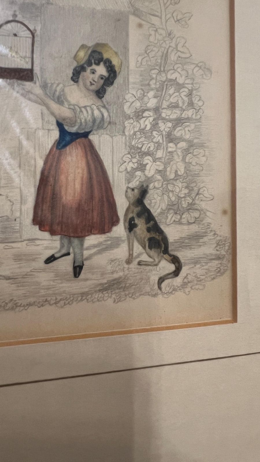 Early 1900s Framed Pencil And Watercolour Artwork – Charming Rural Scene Featuring Girl, Cat And Bird photo buy