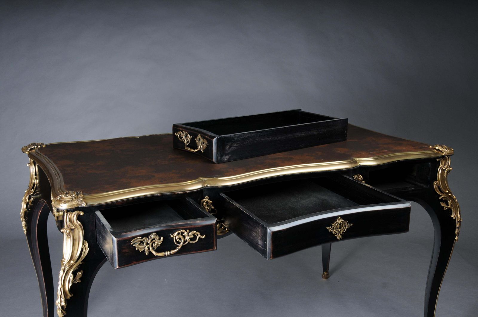 photo for sale Designer Writing Desk / Bureau Plat In Louis XV Style, Piano Black And Gold