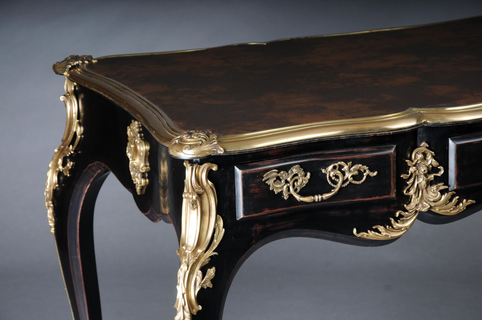 photo buy Designer Writing Desk / Bureau Plat In Louis XV Style, Piano Black And Gold
