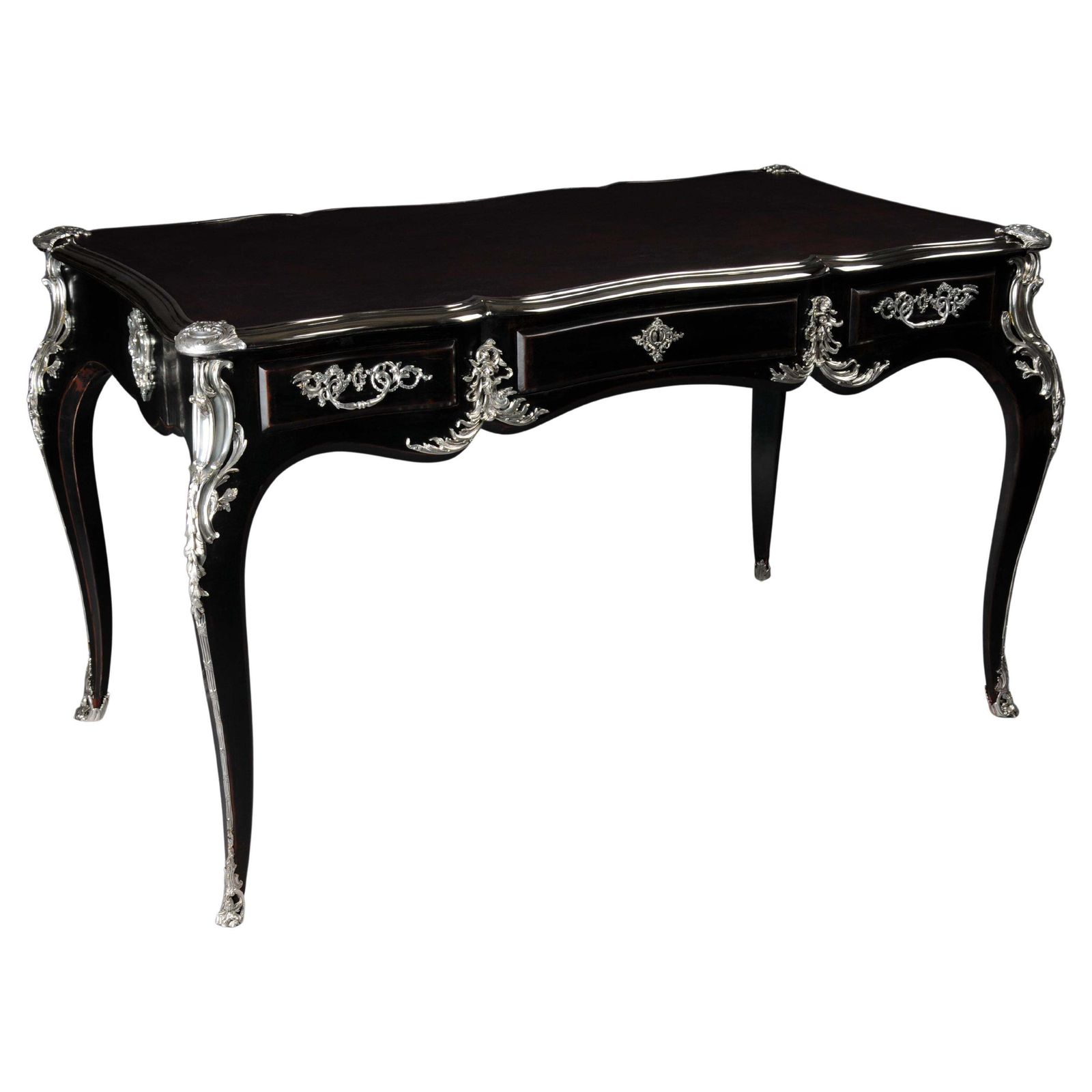Designer Writing Desk / Bureau Plat In Louis XV Style Piano Black With Silver