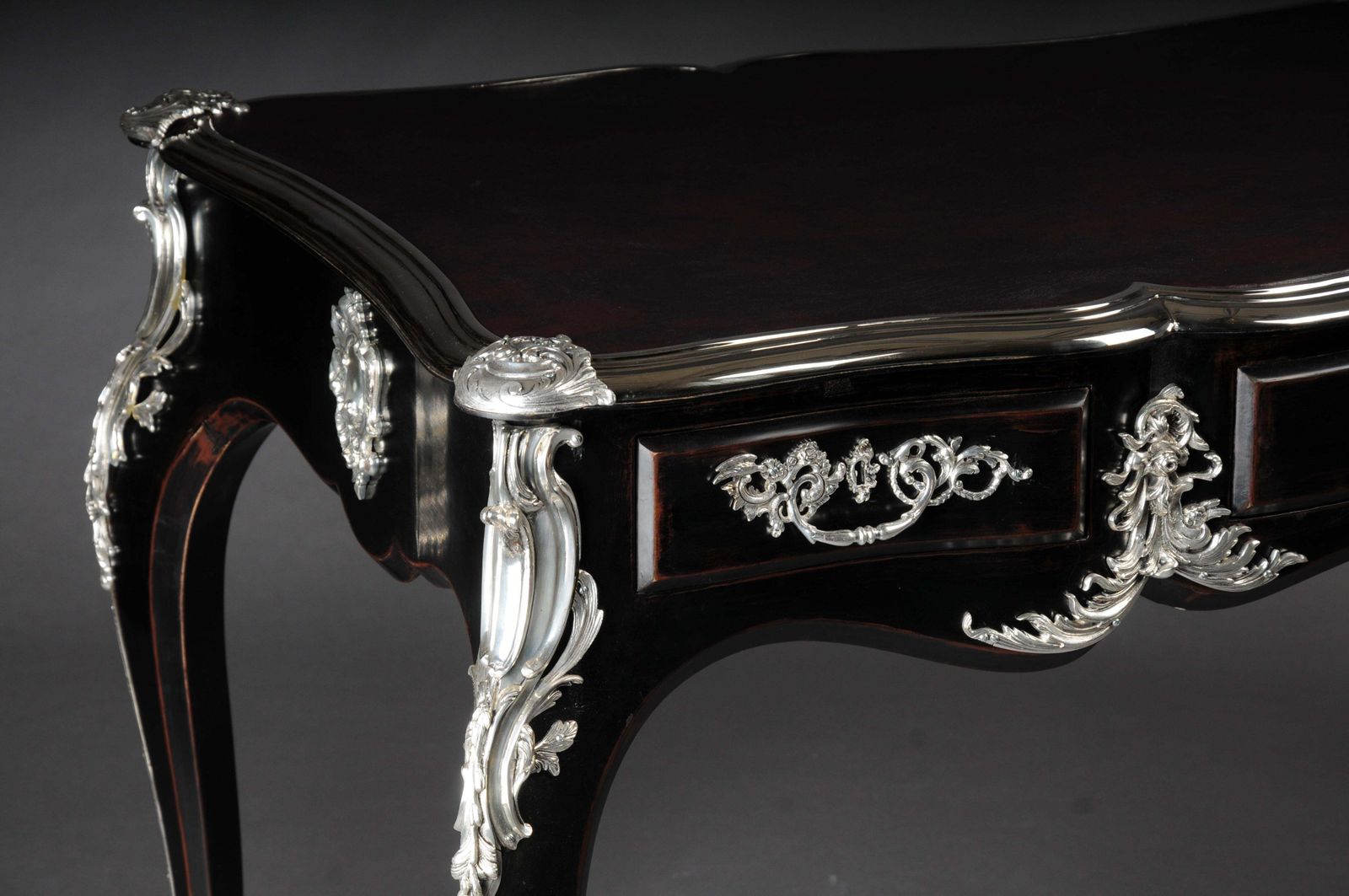Designer Writing Desk / Bureau Plat In Louis XV Style Piano Black With Silver photo 3744.0