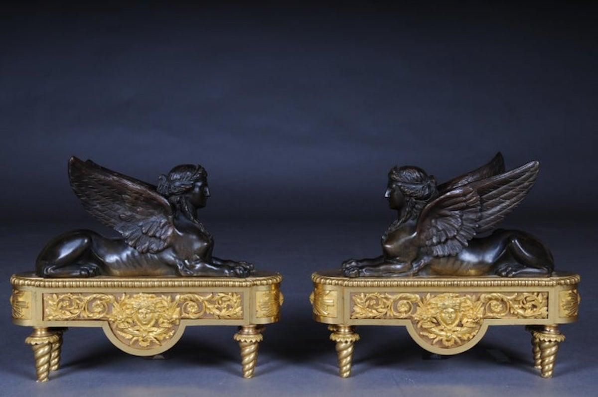 Pair Of Empire Sphinx Chimneys, Brass Andirons, Paris 19th Century Napoleon III photo furniture
