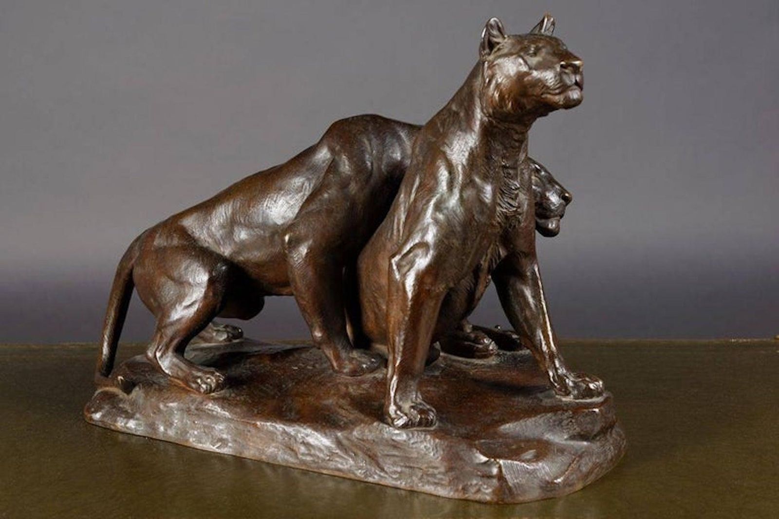 Early 20th Century Bronze Plastic Tiger Couple On Rocks By G. Gardet, 1863 1939 photo Art