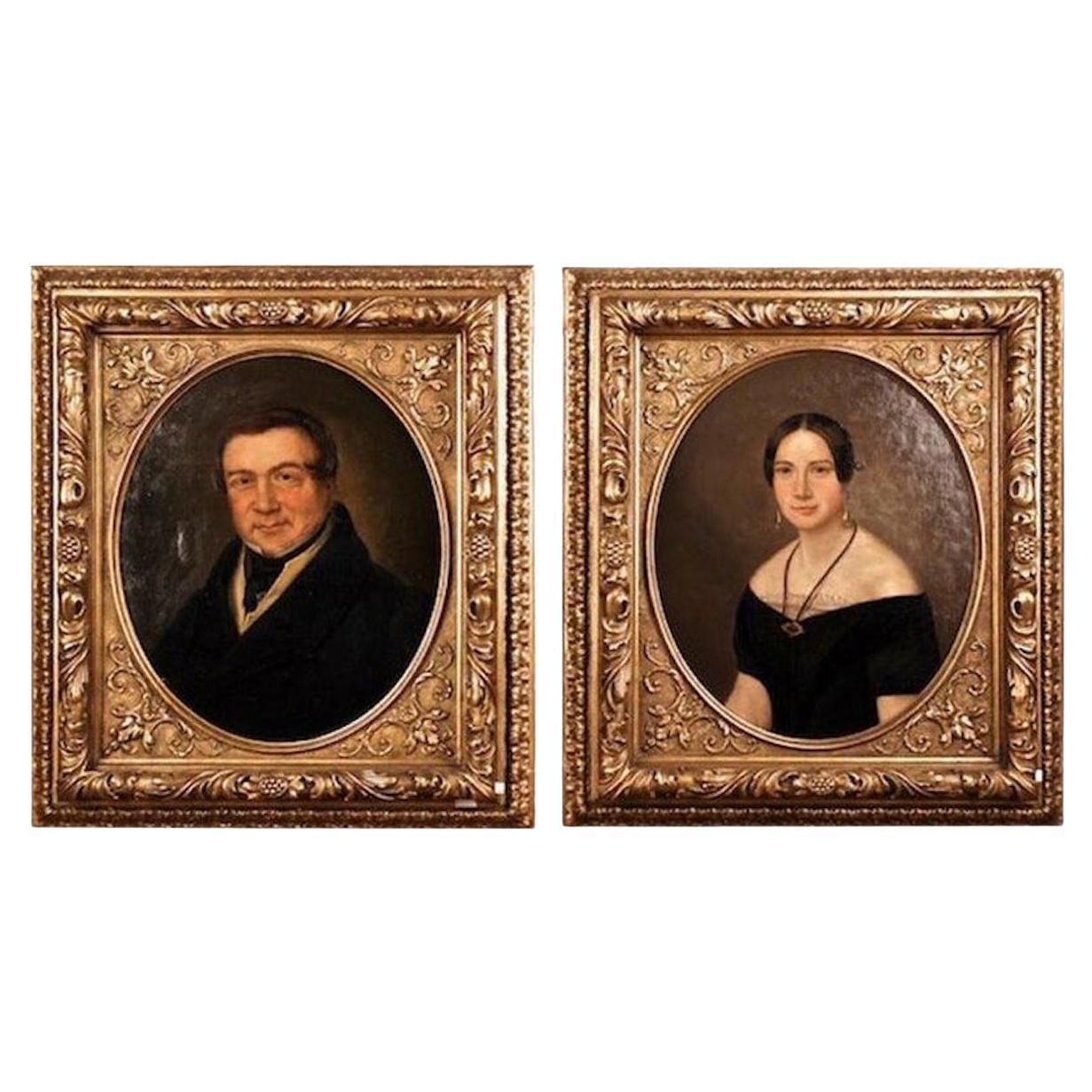 19th Century Biedermeier Oil On Canvas Portrait Of A Couple