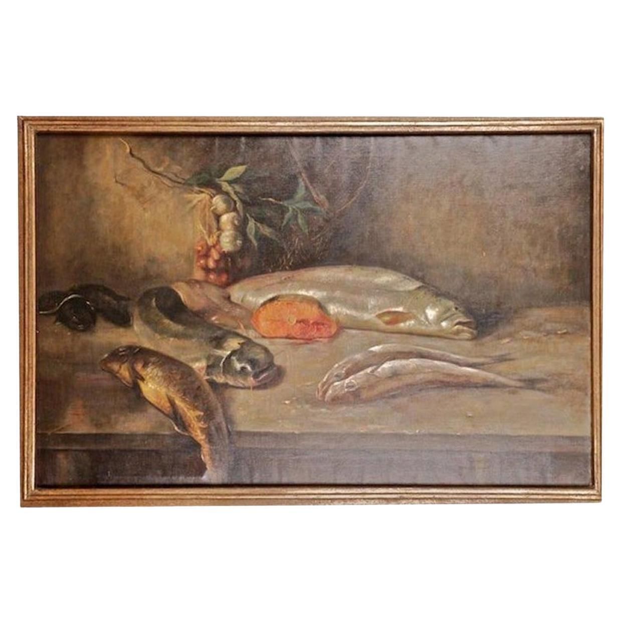 19th Century Historicism Oil Painting Fish Motives