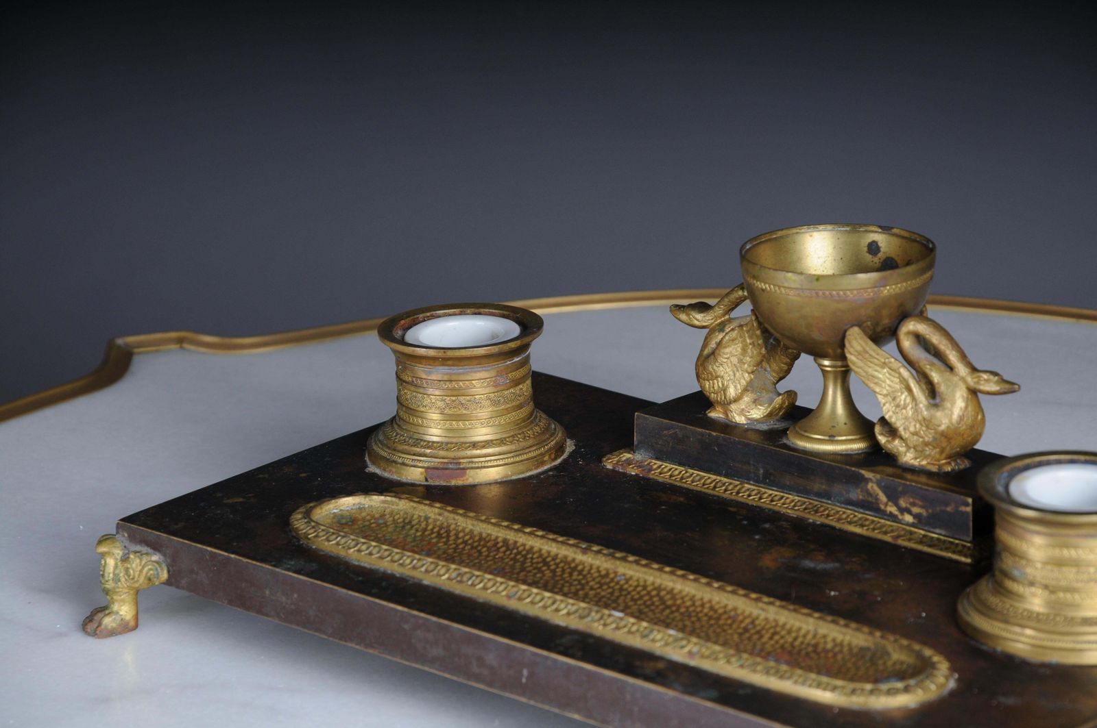 Antique Empire Ink Set, Gold Plated Bronze With Swans, France photo vintage