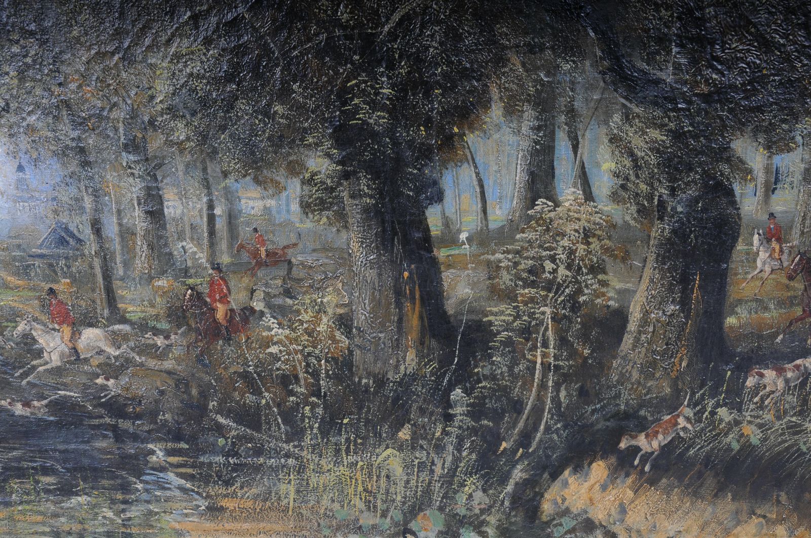 Impressionist Oil Painting Horse Rider With Hunting Dogs Forest, Signed photo for sale