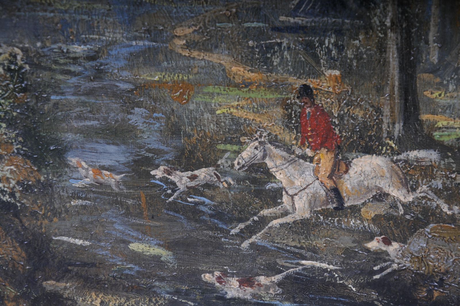 Impressionist Oil Painting Horse Rider With Hunting Dogs Forest, Signed photo 1065.0