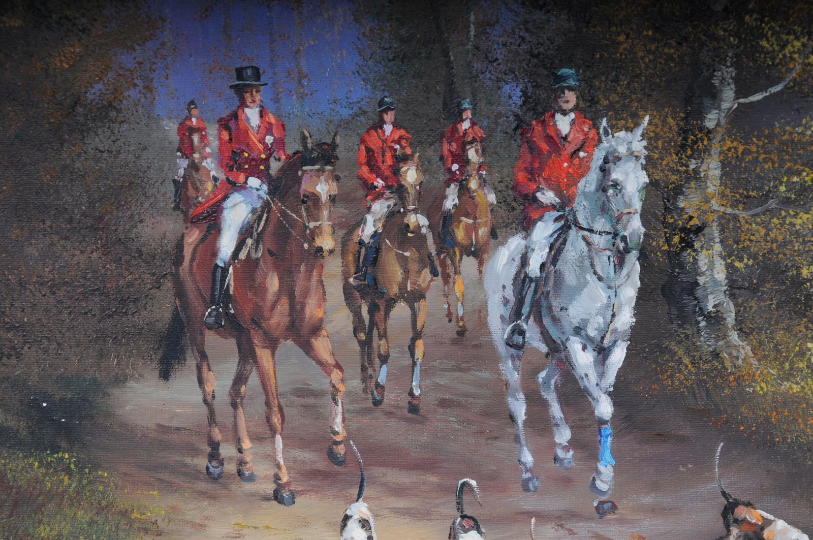 Art 20th Century Impressionist Oil Painting Horse Rider With Hunting Dogs, Signed photo
