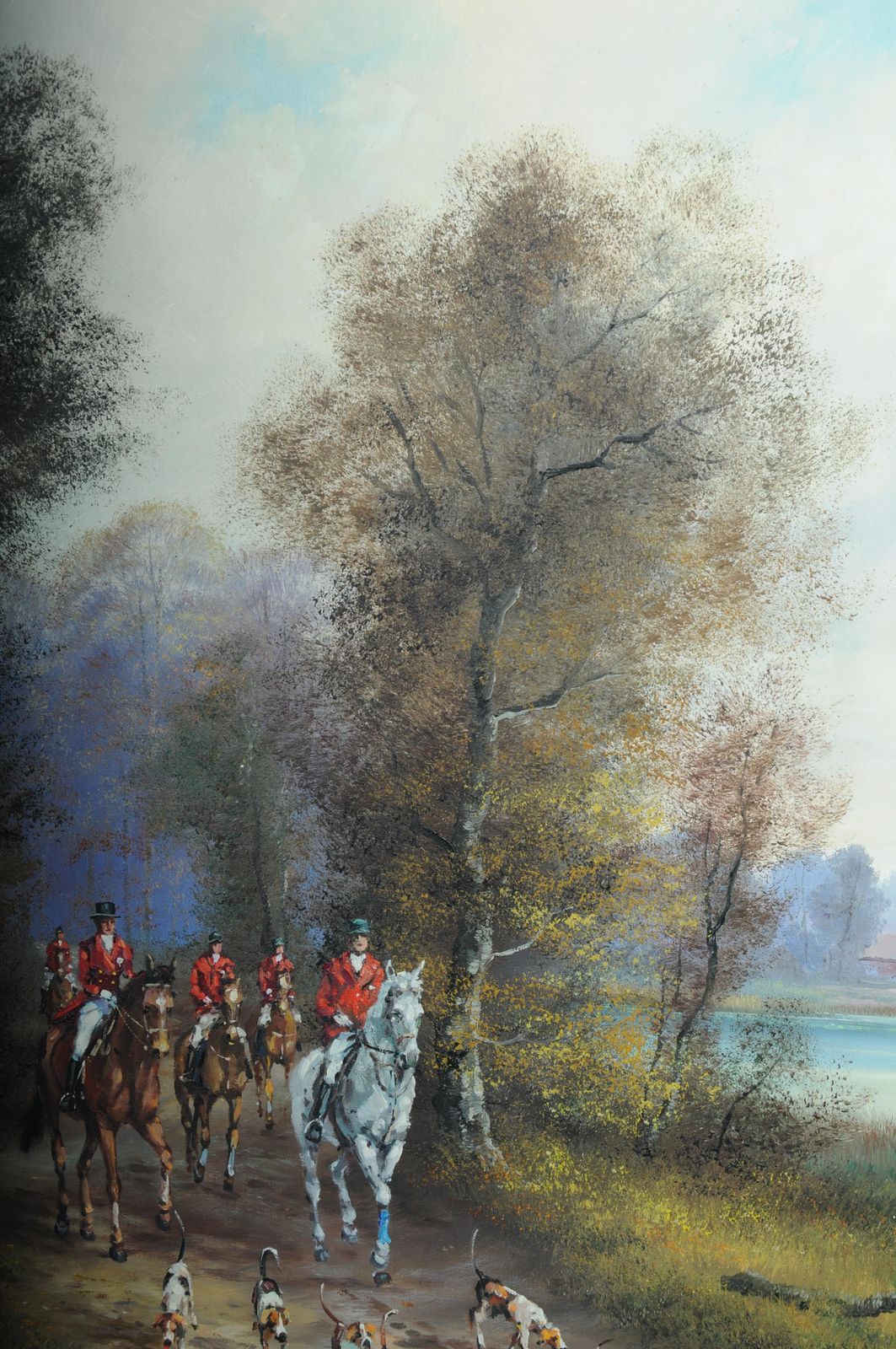 photo vintage 20th Century Impressionist Oil Painting Horse Rider With Hunting Dogs, Signed