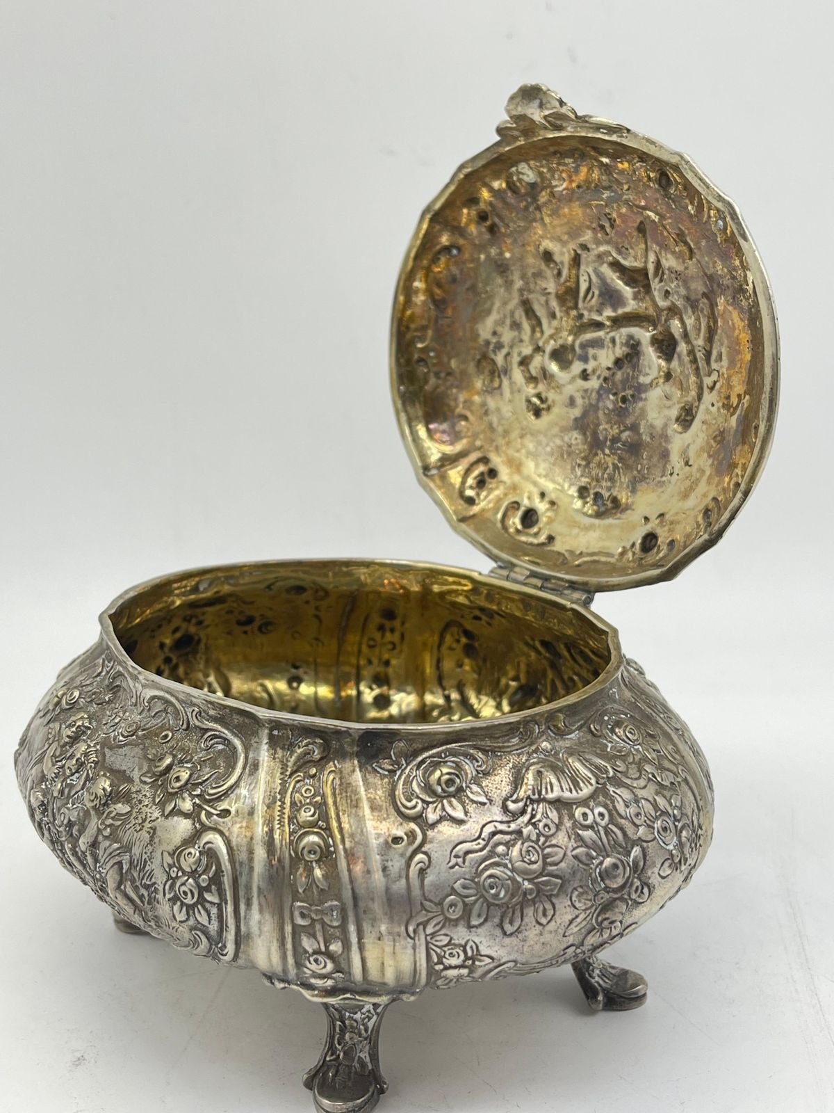 Home Decor Exclusive Bonboniere / Sugar Lidded Box 800 Silver Germany Gilded, Flowers Putto photo