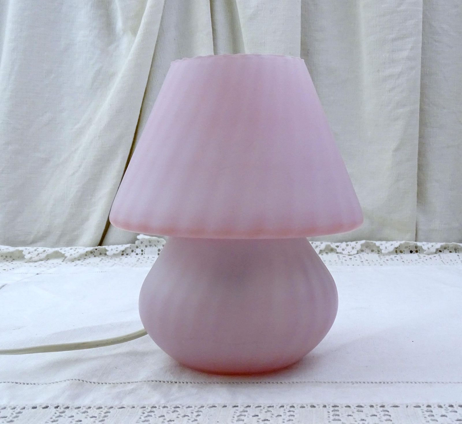 Vintage 1970s Pink Frosted Glass Mushroom Lamp, Retro Glassware Bedside Lighting In Pale Pastel Pink Color, 1980s Table Light From France photo furniture