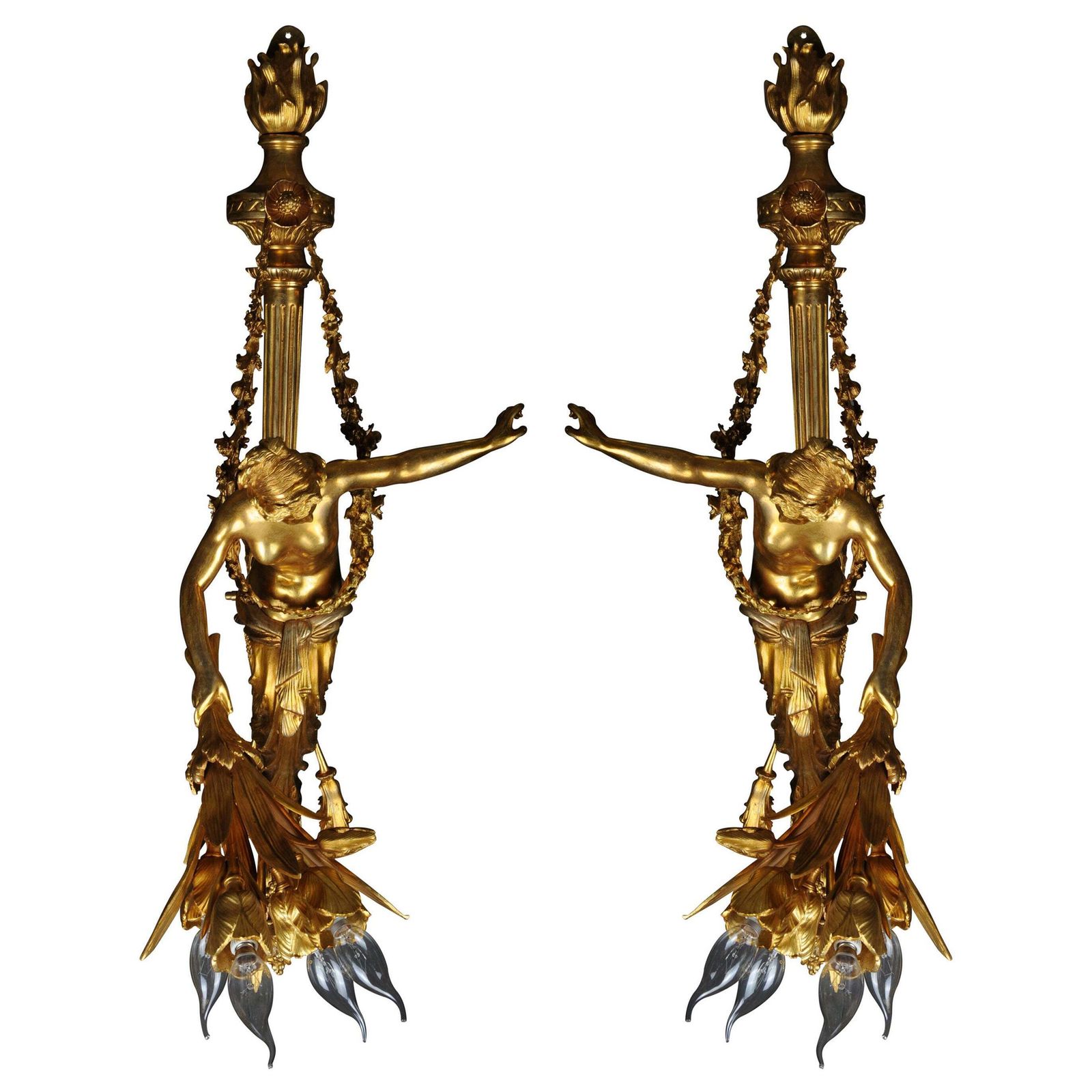 Pair (2) Of Unique French Sconces, Gilt Bronze, Paris, 20th Century