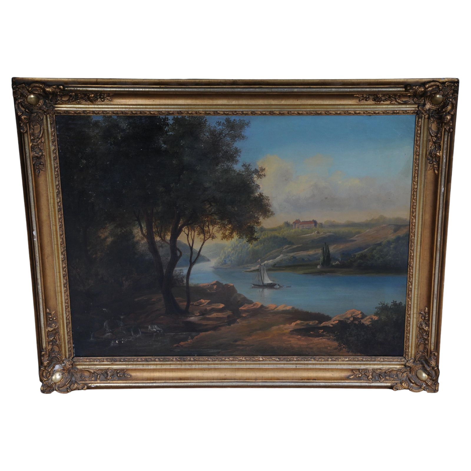 Oil Painting Idyllic River Landscape/Romantic Scene 19th Century