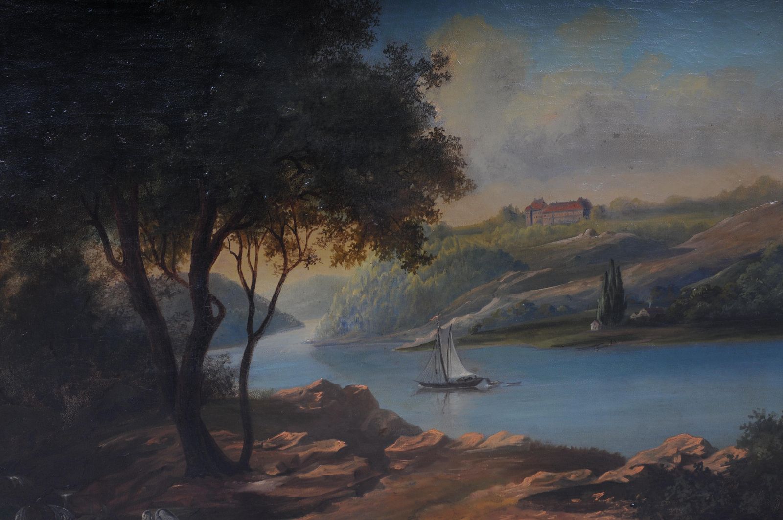 Oil Painting Idyllic River Landscape/Romantic Scene 19th Century photo vinterior
