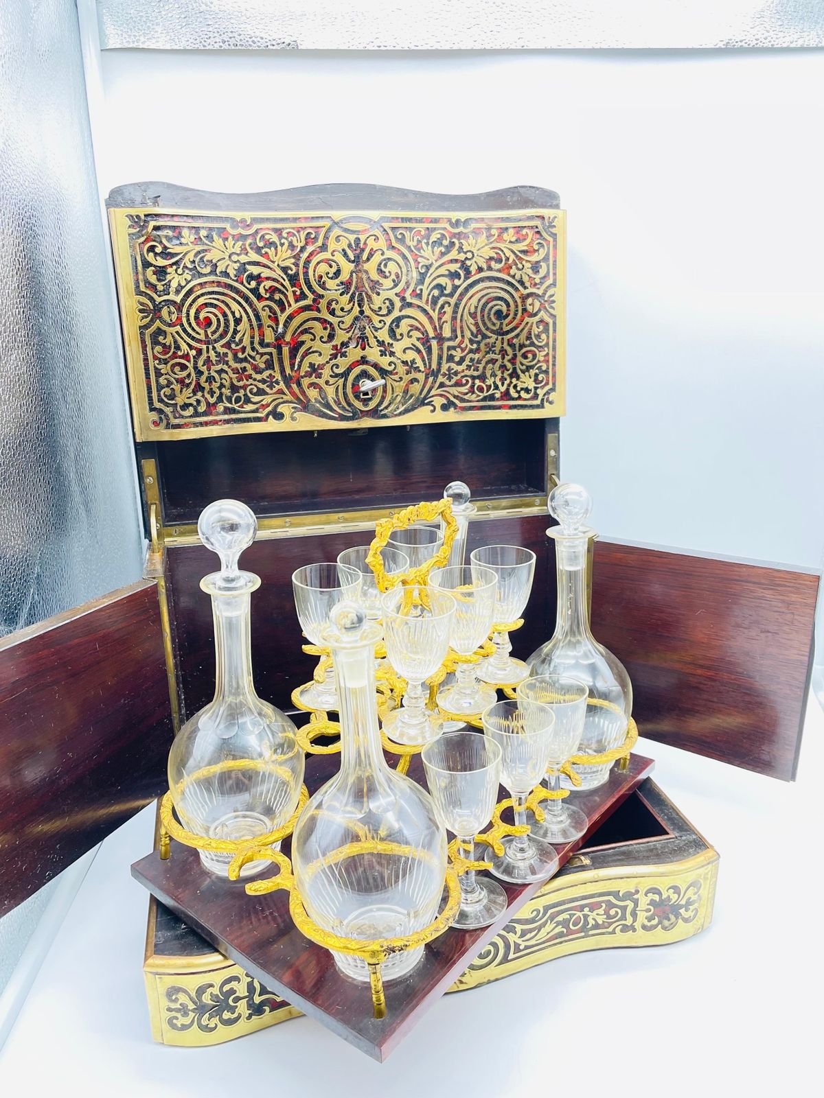 photo for sale Impressive Boulle Napoleonic Tantalus Liquor Cabinet, 19th Century