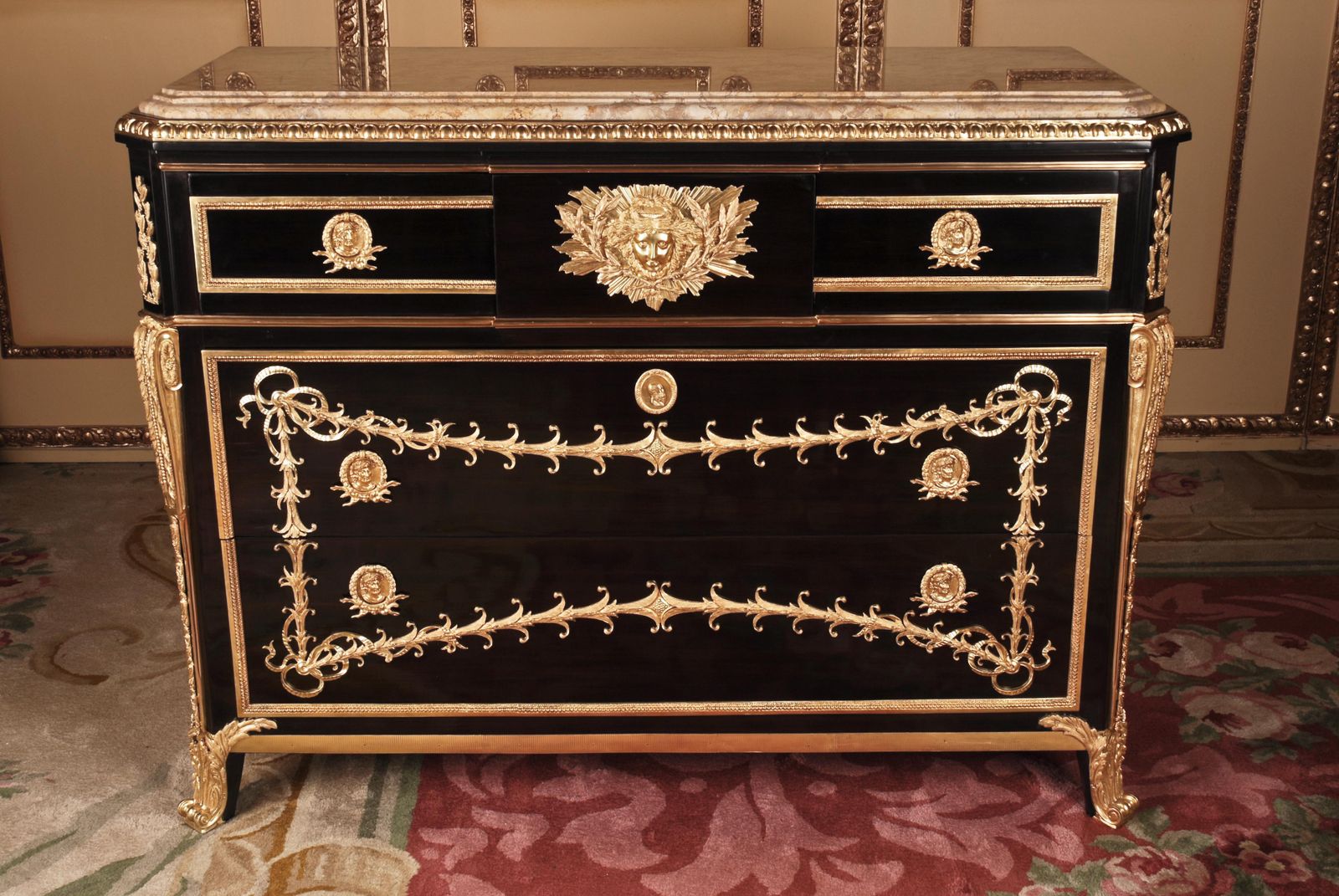 Commode After The Original Model From Jean Henri Riesener, Black Gold photo for sale