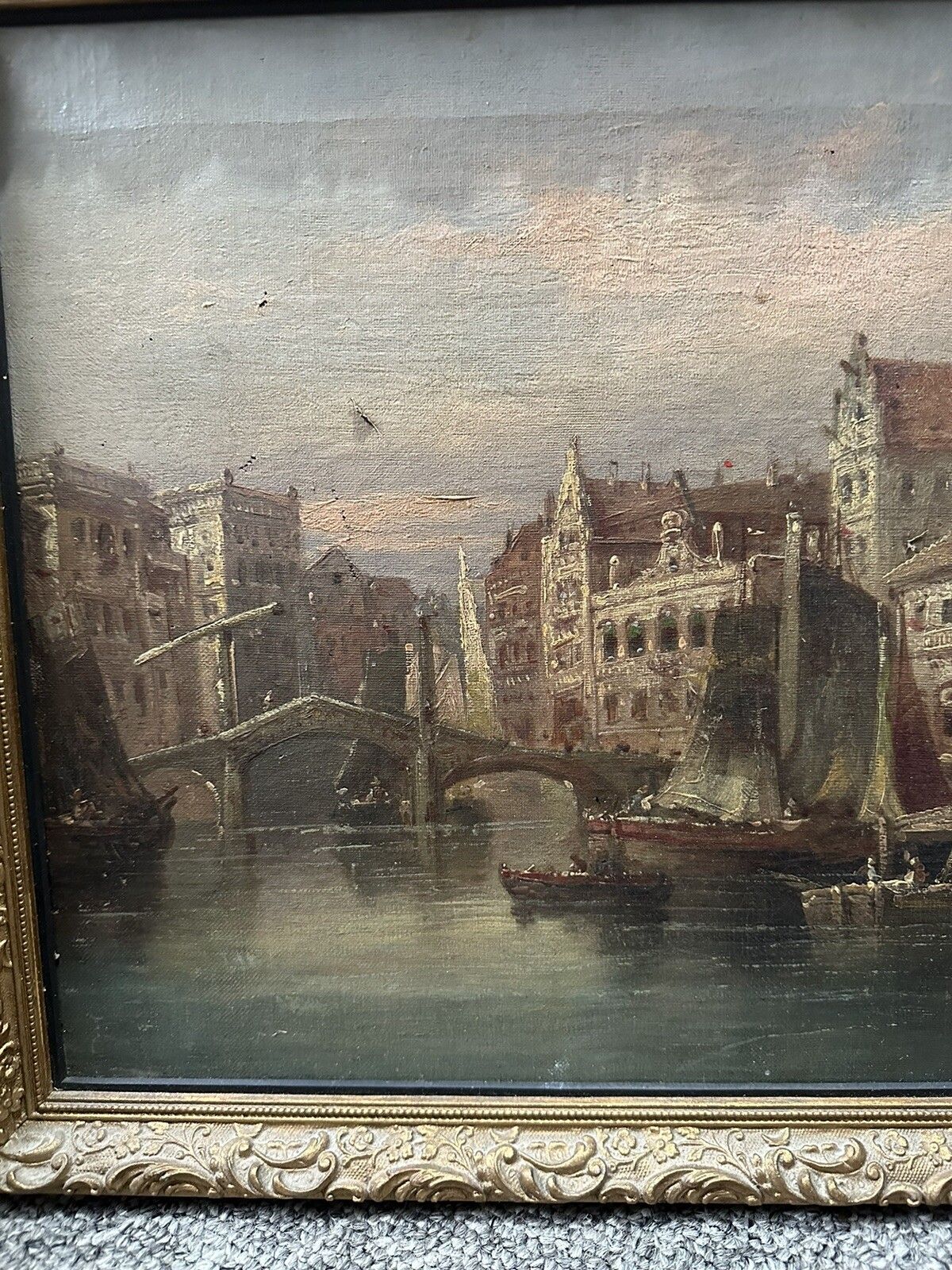 19th Century Oil Painting, Amsterdam Canal Scene Signed By Artist photo Art