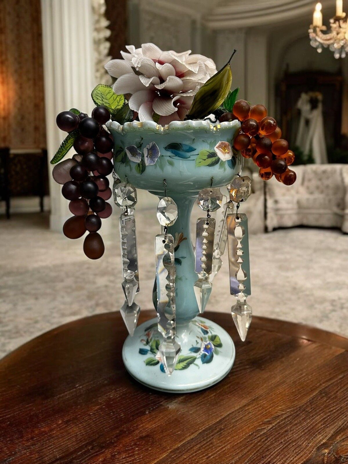 Victorian Lustre Vase , C.1870. With Crystal Dangles And Glass Fruit / Flowers