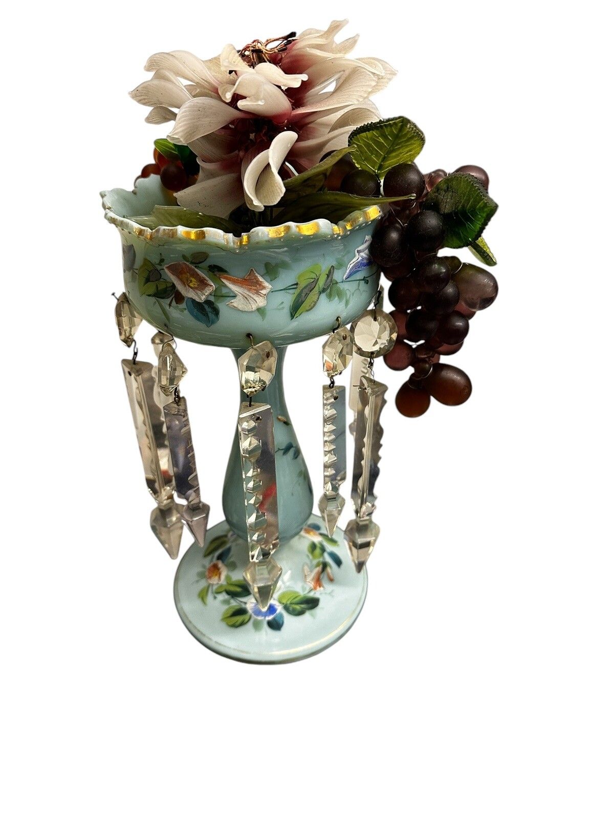 Victorian Lustre Vase , C.1870. With Crystal Dangles And Glass Fruit / Flowers photo for sale