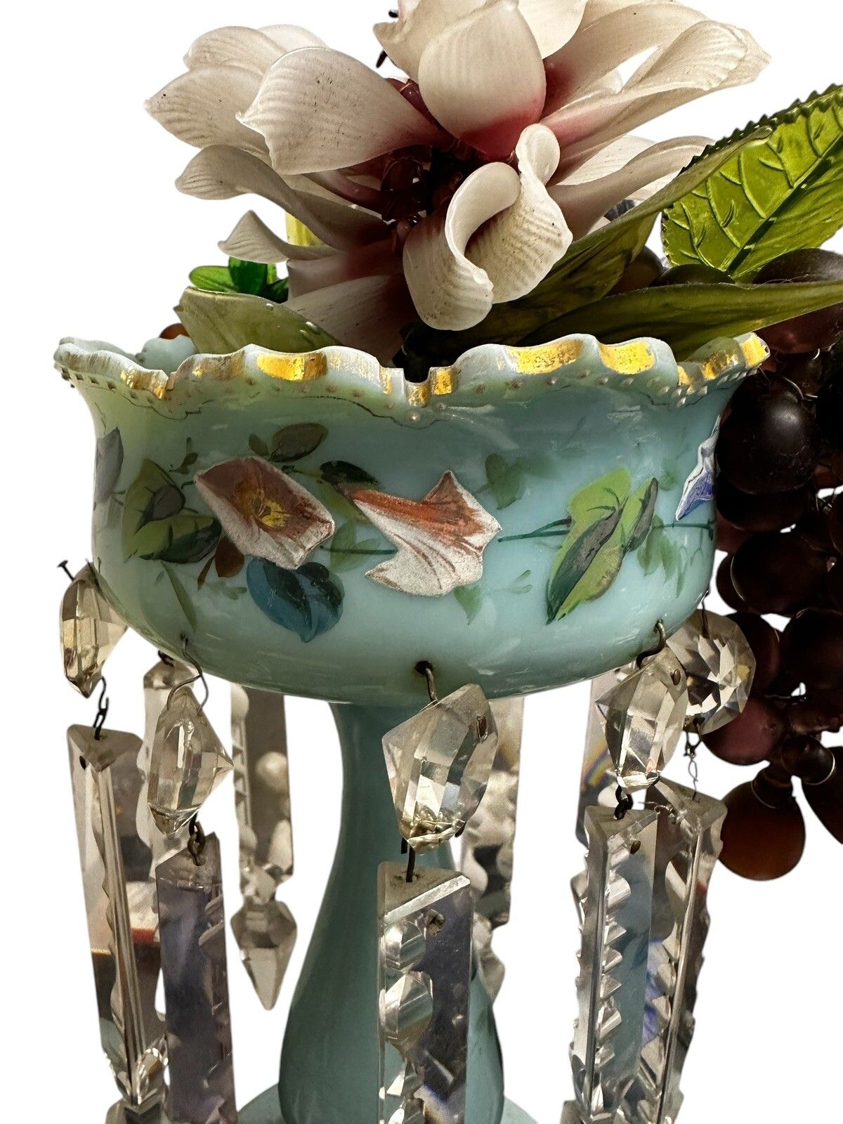 Victorian Lustre Vase , C.1870. With Crystal Dangles And Glass Fruit / Flowers photo Home Decor