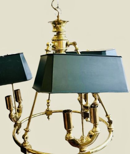 Mid Century Quality Brass And Tole Bouillotte Chandelier Ceiling Light photo for sale