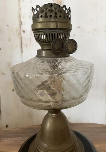 Victorian Oil Lamp Amber Glass On Brass Column And Wooden Base photo for sale