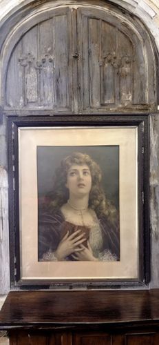 Portrait Young Woman With A Pearl Necklace And Cross And Bible Antique Print