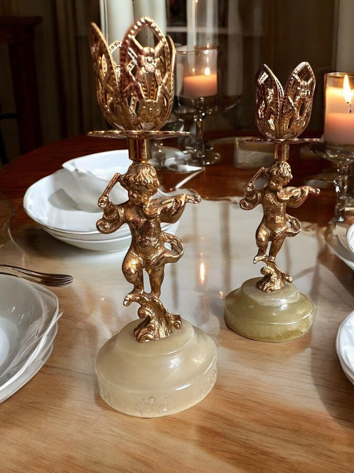 Mid Century Azizoff London Cherub  Marble Onyx Gold Gilt Candle Holders photo furniture
