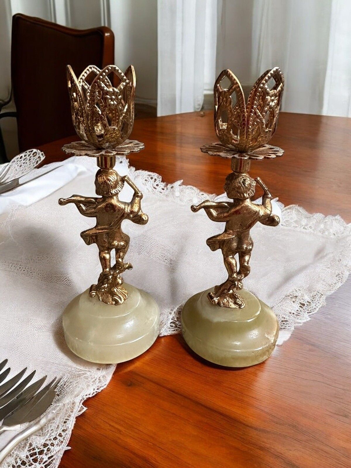 Mid Century Azizoff London Cherub  Marble Onyx Gold Gilt Candle Holders photo Home Decor
