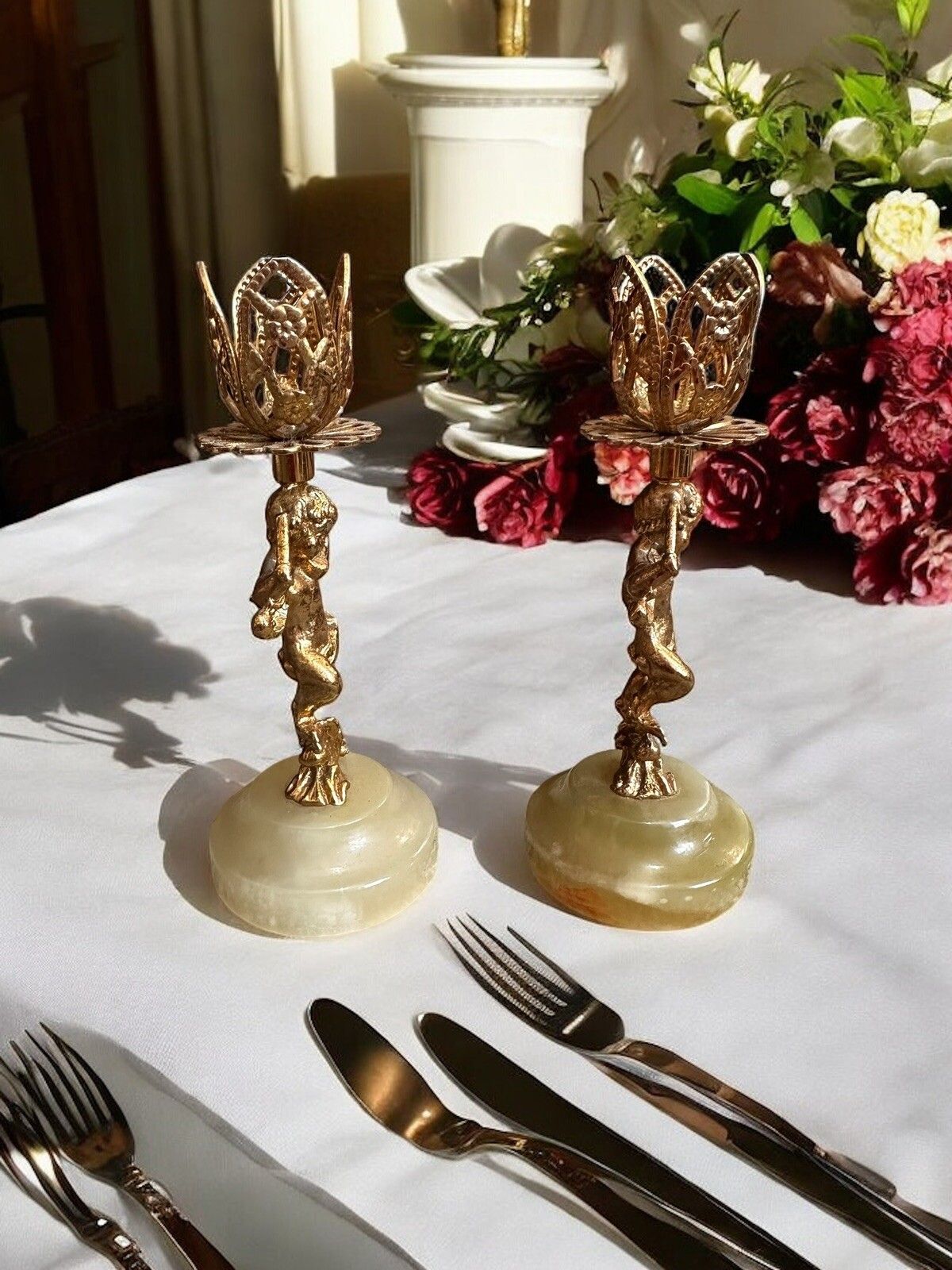 Mid Century Azizoff London Cherub  Marble Onyx Gold Gilt Candle Holders photo 70.0
