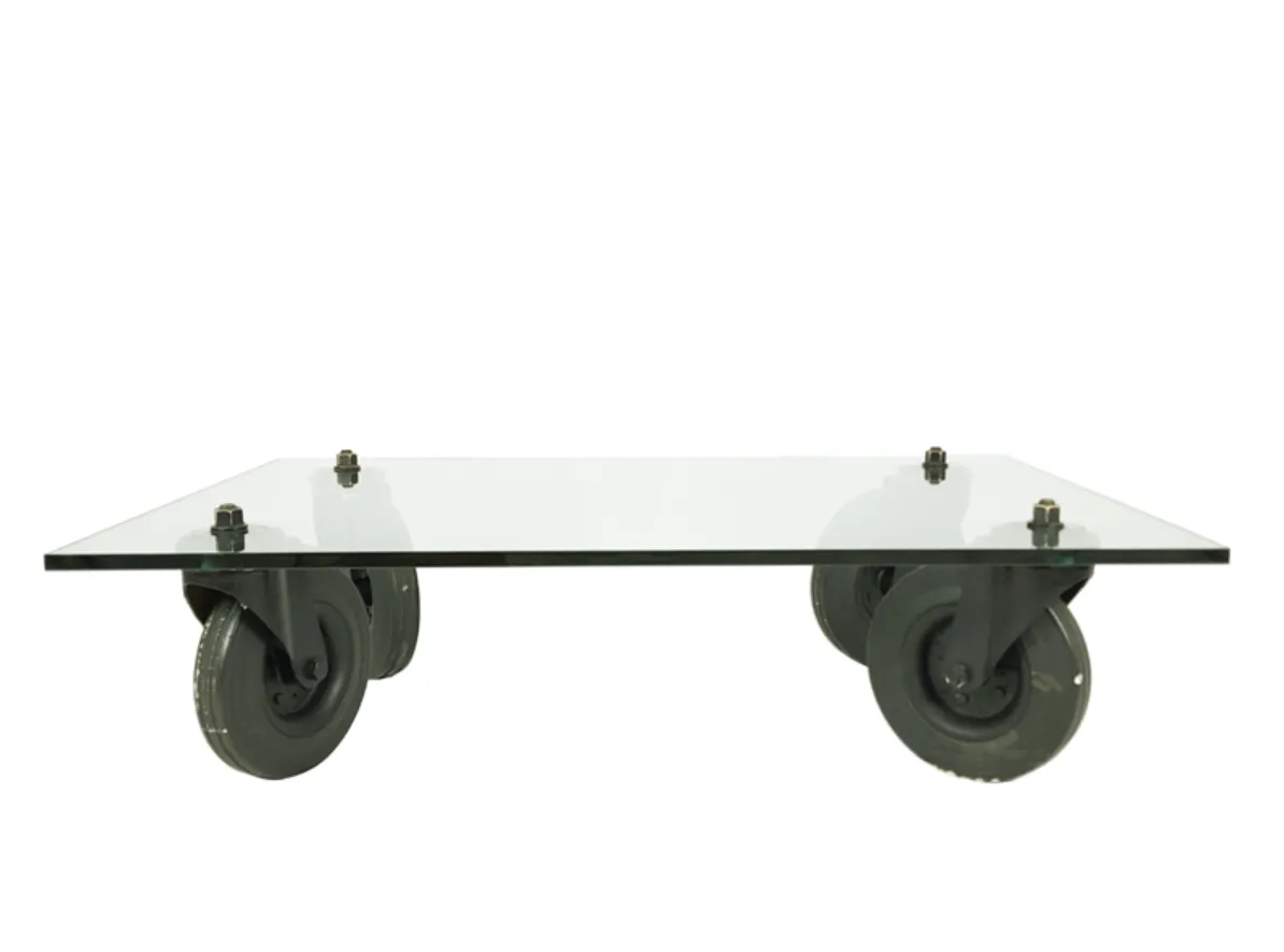 Glass, Metal & Rubber Wheeled Coffee Table Attributed To Gae Aulenti For Fontana Arte, 1980s photo vintage