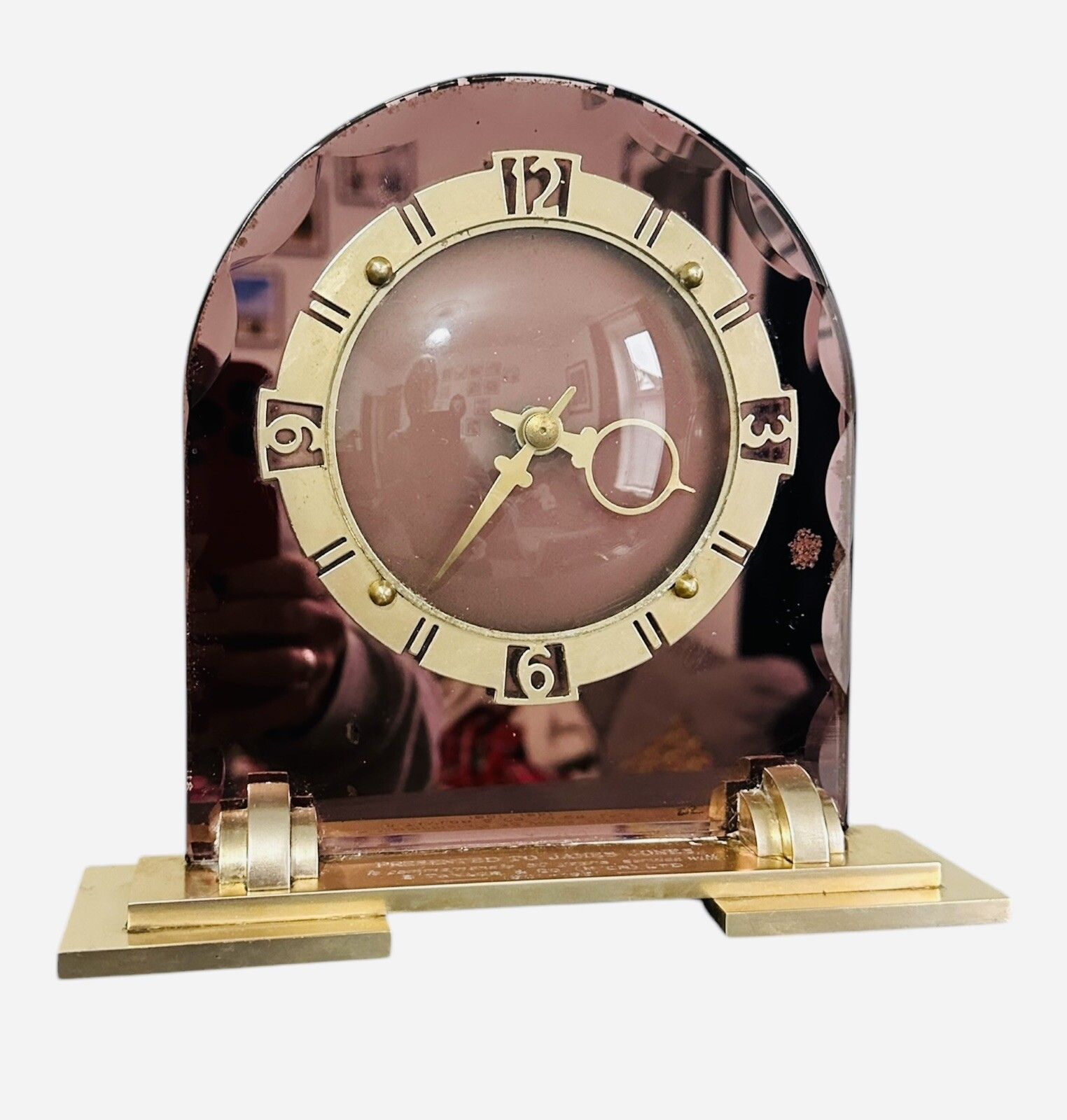 Art Deco Peach Mirror Glass & Brass Clock, English, C1930 photo furniture