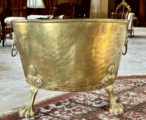 19th Century English Brass Oval Log Coal  Planter Riveted Bucket  Lion Detail