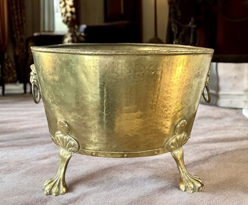 19th Century English Brass Oval Log Coal  Planter Riveted Bucket  Lion Detail photo furniture