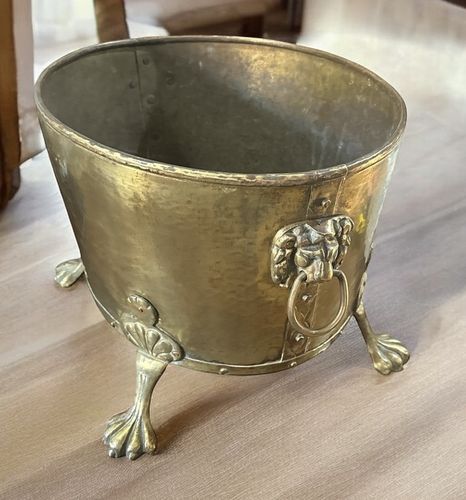 19th Century English Brass Oval Log Coal  Planter Riveted Bucket  Lion Detail photo 295.0