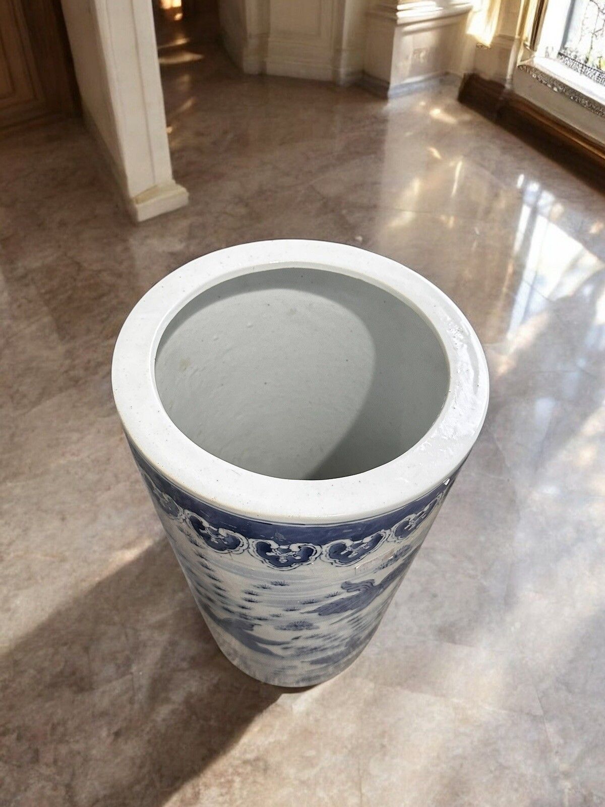 20th Century Chinese Blue & White Carp / Fish Cylinder Umbrella Stick Stand 18” photo for sale