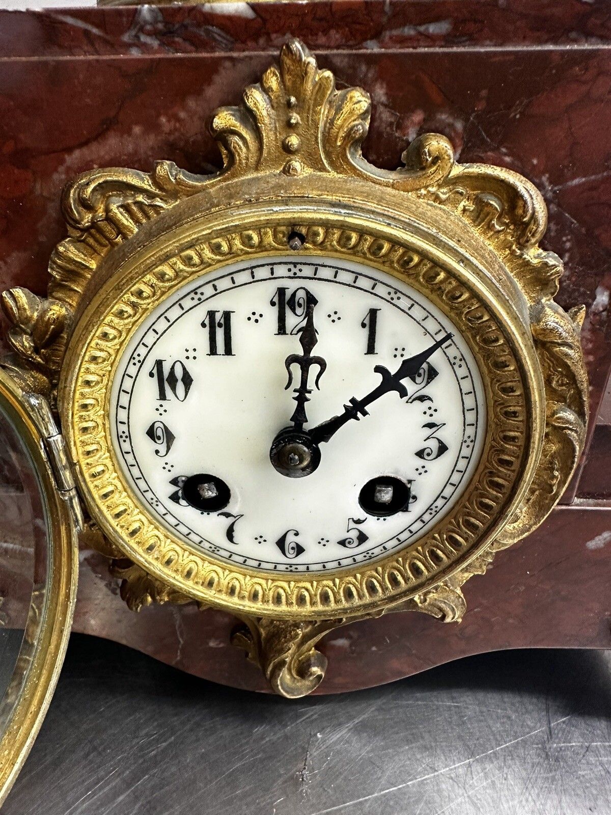 19th Century French Rouge Marble Mantel Clock With Candelabra Garnitures photo vinterior